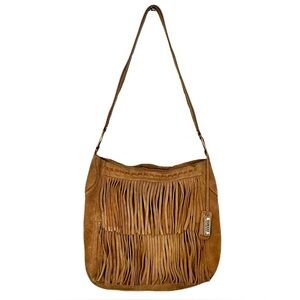 Vintage Y2K 90s Guess Tan Suede Fringe Western Bohemian Hobo Bag